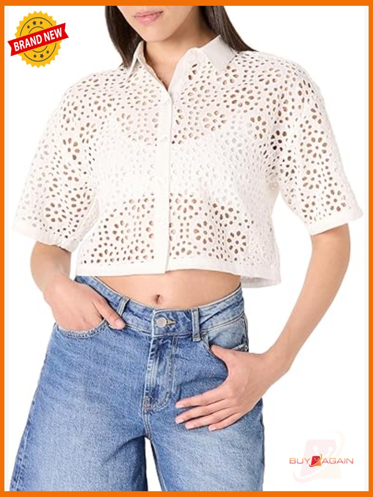 Cropped Lace Button Down Shirt, Cotton, Regular Fit, Summer Top